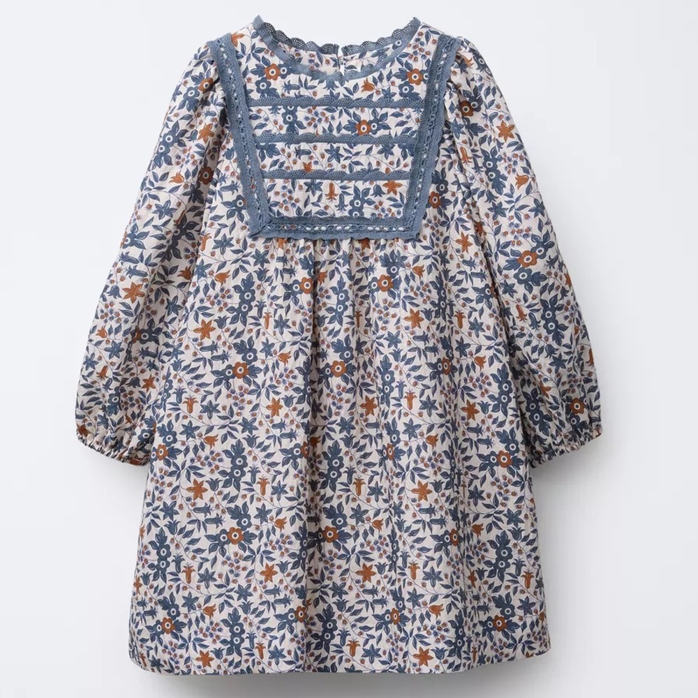 Zara Kids Lace Floral Print Dress Blue Gray & Orange